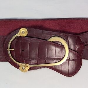 Vintage Burgundy Leather Belt with Gold Buckle